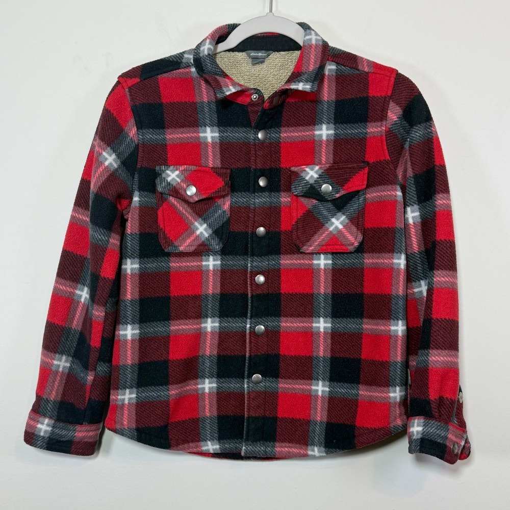 Eddie Bauer Plaid Shirt Jacket Kids 10/12 Red Sherpa Lined Fall Cabin Layering